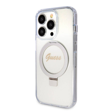 Apple iPhone 15 Pro Kılıf Guess Orjinal Lisanslı M-safe Şarj Özellikli Simli Arka Yüzey Ring Standlı Kapak