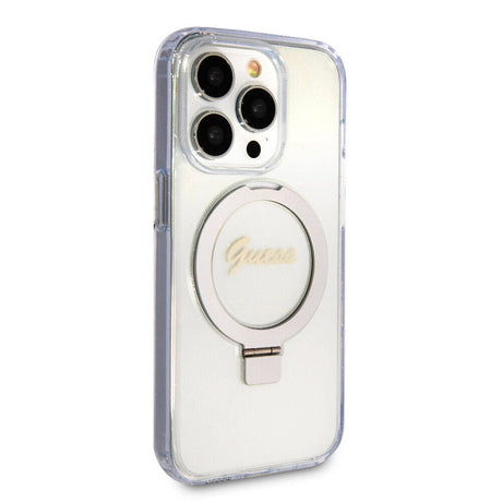 Apple iPhone 15 Pro Kılıf Guess Orjinal Lisanslı M-safe Şarj Özellikli Simli Arka Yüzey Ring Standlı Kapak
