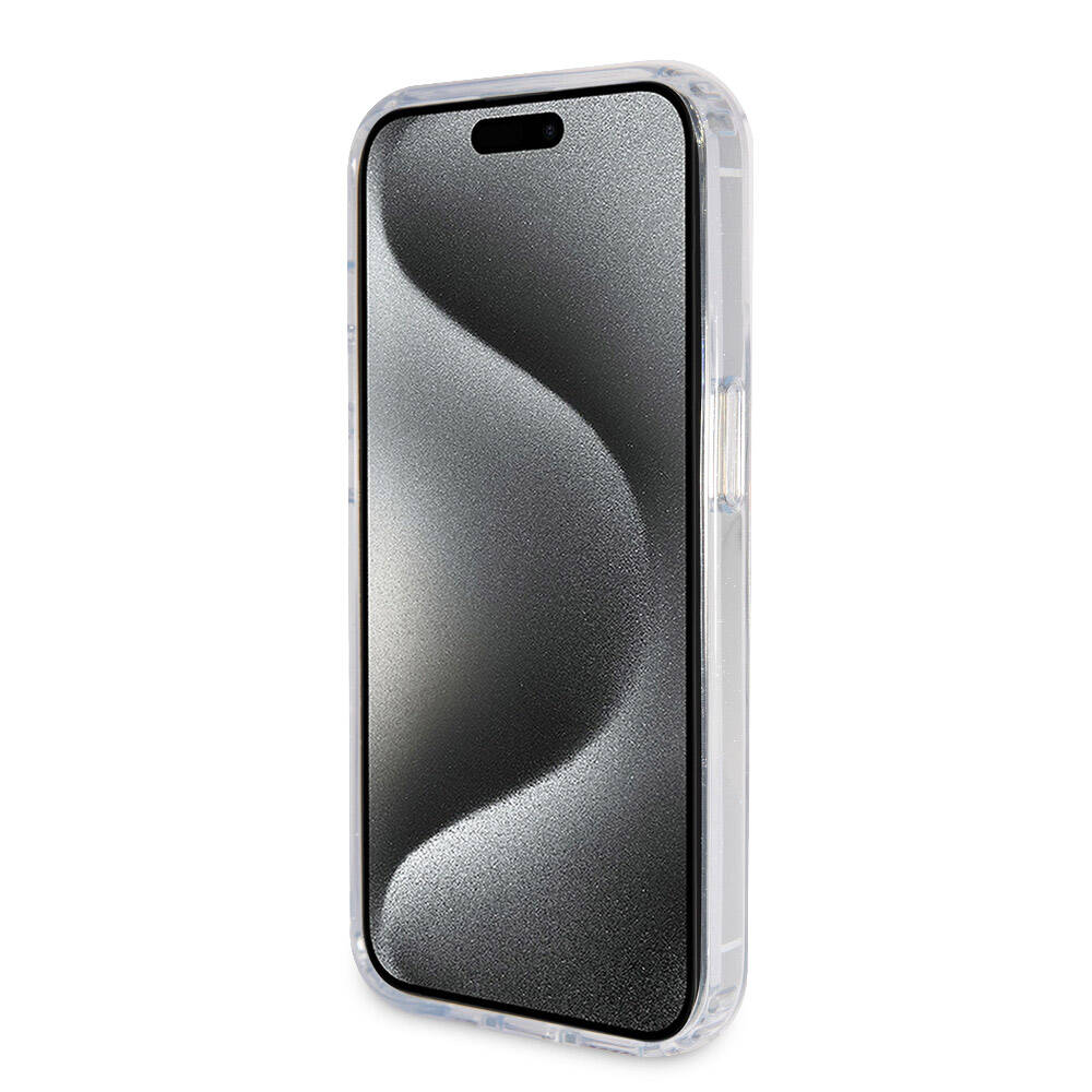 Apple iPhone 15 Pro Kılıf Guess Orjinal Lisanslı M-safe Şarj Özellikli Simli Arka Yüzey Ring Standlı Kapak