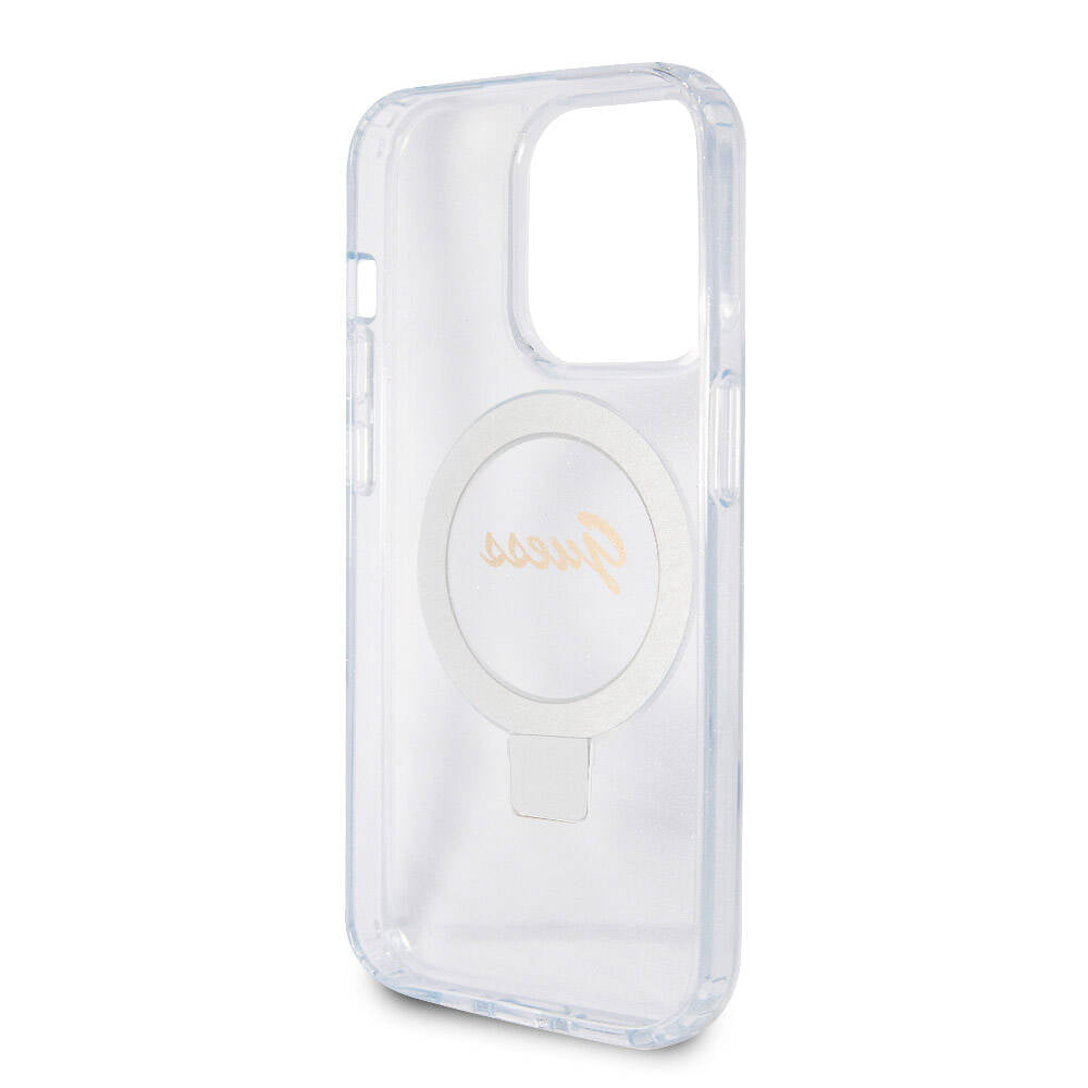 Apple iPhone 15 Pro Kılıf Guess Orjinal Lisanslı M-safe Şarj Özellikli Simli Arka Yüzey Ring Standlı Kapak