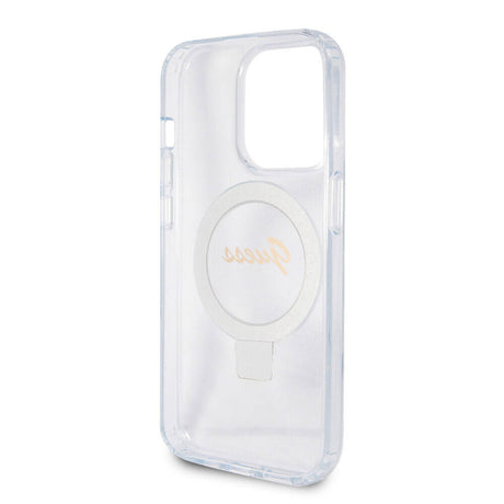 Apple iPhone 15 Pro Kılıf Guess Orjinal Lisanslı M-safe Şarj Özellikli Simli Arka Yüzey Ring Standlı Kapak