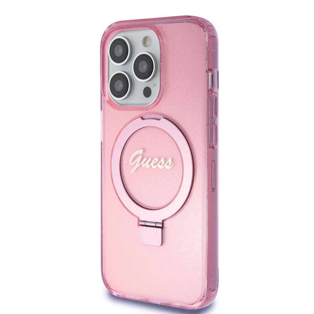 Apple iPhone 15 Pro Kılıf Guess Orjinal Lisanslı M-safe Şarj Özellikli Simli Arka Yüzey Ring Standlı Kapak