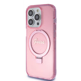 Apple iPhone 15 Pro Kılıf Guess Orjinal Lisanslı M-safe Şarj Özellikli Simli Arka Yüzey Ring Standlı Kapak
