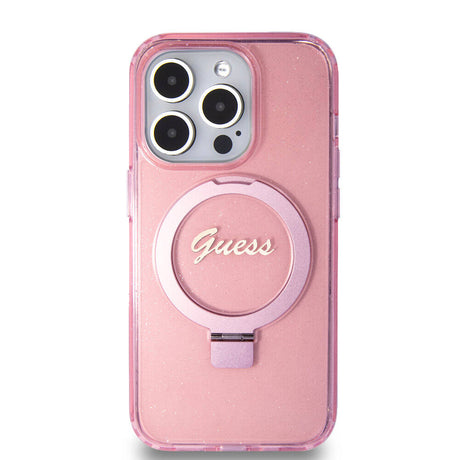 Apple iPhone 15 Pro Kılıf Guess Orjinal Lisanslı M-safe Şarj Özellikli Simli Arka Yüzey Ring Standlı Kapak