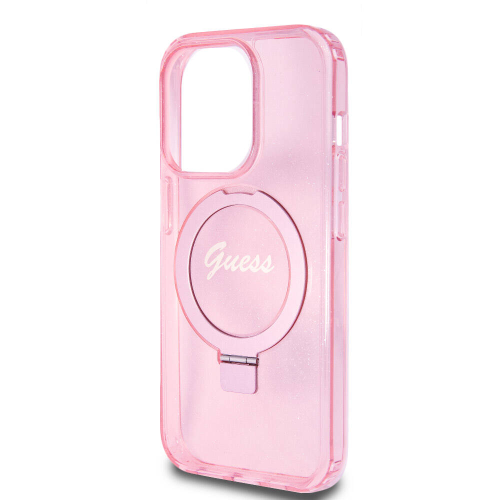 Apple iPhone 15 Pro Kılıf Guess Orjinal Lisanslı M-safe Şarj Özellikli Simli Arka Yüzey Ring Standlı Kapak