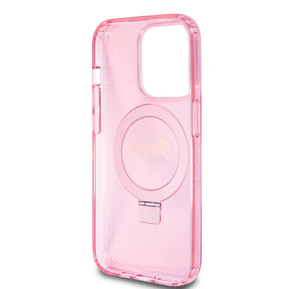 Apple iPhone 15 Pro Kılıf Guess Orjinal Lisanslı M-safe Şarj Özellikli Simli Arka Yüzey Ring Standlı Kapak