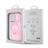 Apple iPhone 15 Pro Kılıf Guess Orjinal Lisanslı M-safe Şarj Özellikli Simli Arka Yüzey Ring Standlı Kapak