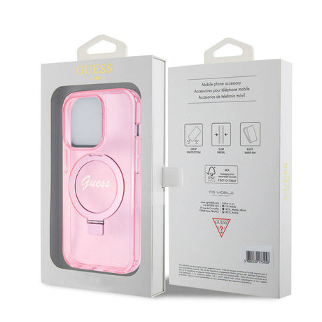 Apple iPhone 15 Pro Kılıf Guess Orjinal Lisanslı M-safe Şarj Özellikli Simli Arka Yüzey Ring Standlı Kapak