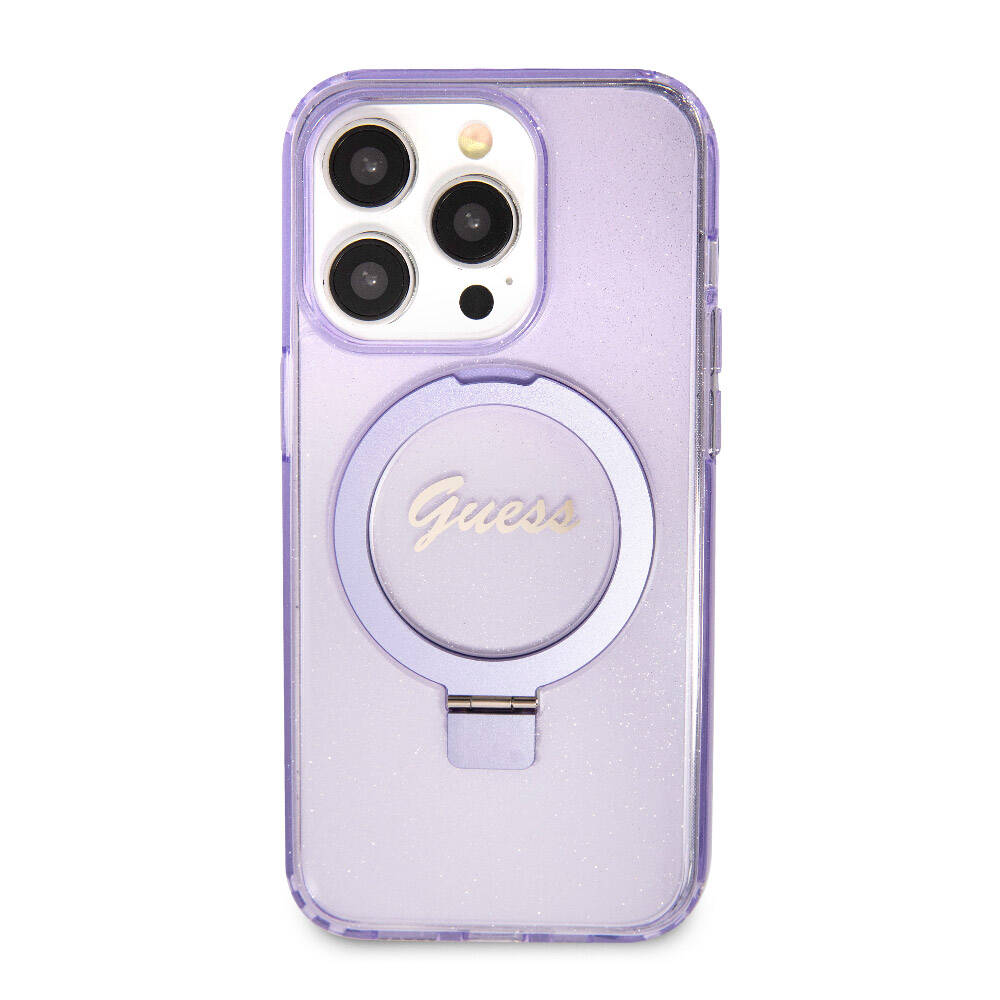 Apple iPhone 15 Pro Kılıf Guess Orjinal Lisanslı M-safe Şarj Özellikli Simli Arka Yüzey Ring Standlı Kapak
