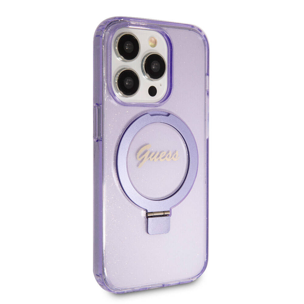 Apple iPhone 15 Pro Kılıf Guess Orjinal Lisanslı M-safe Şarj Özellikli Simli Arka Yüzey Ring Standlı Kapak