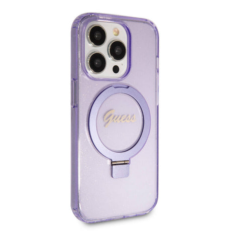 Apple iPhone 15 Pro Kılıf Guess Orjinal Lisanslı M-safe Şarj Özellikli Simli Arka Yüzey Ring Standlı Kapak
