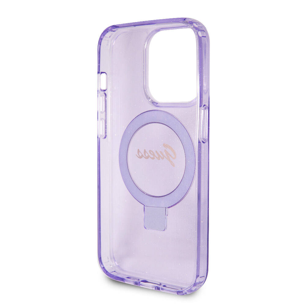 Apple iPhone 15 Pro Kılıf Guess Orjinal Lisanslı M-safe Şarj Özellikli Simli Arka Yüzey Ring Standlı Kapak