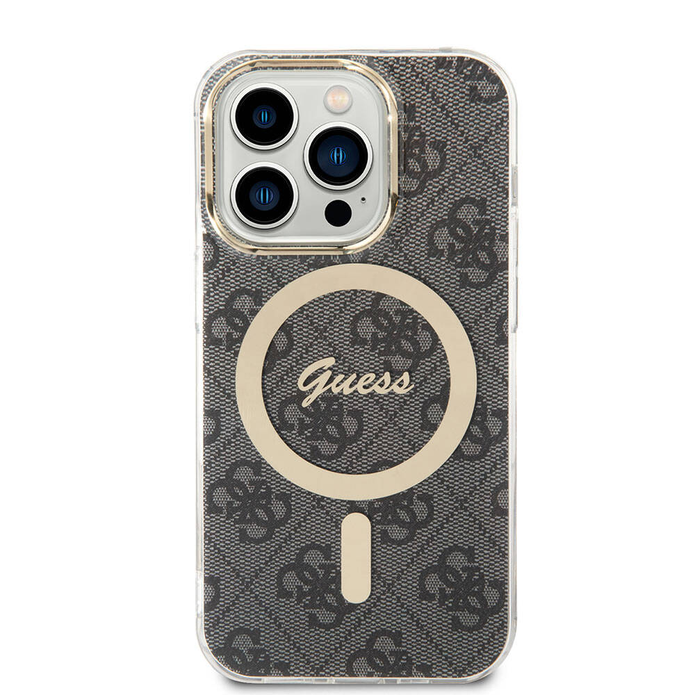 Apple iPhone 15 Pro Kılıf Guess Orjinal Lisanslı M-safe Şarj Özellikli Yazı Logolu 4G Desenli Kapak