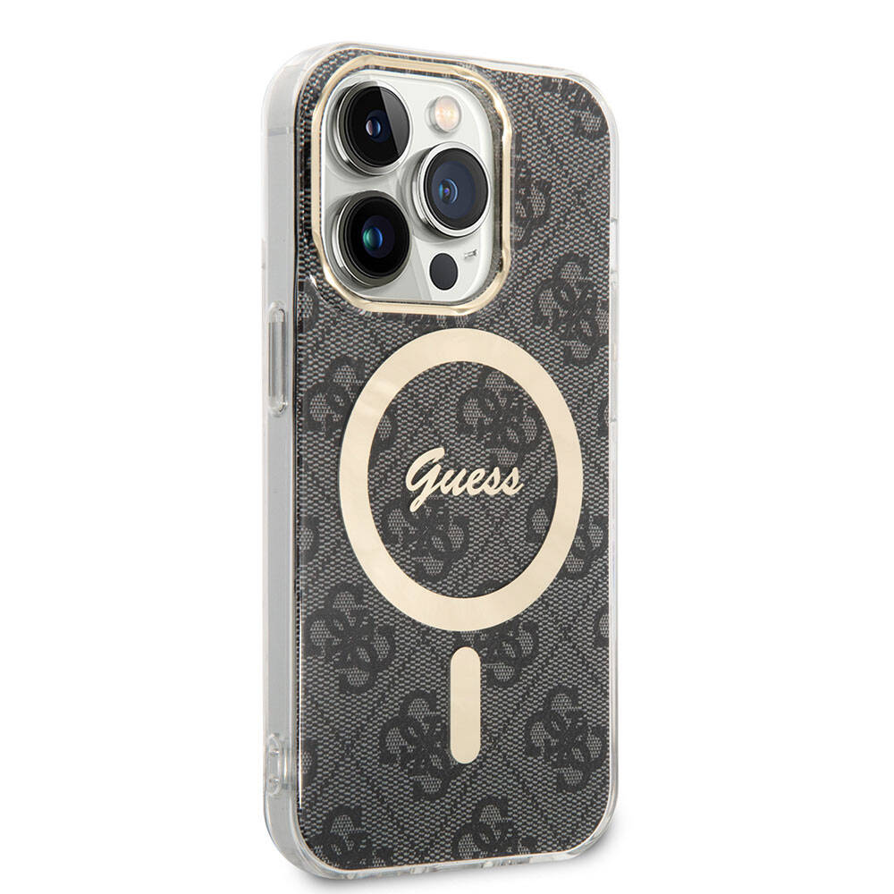 Apple iPhone 15 Pro Kılıf Guess Orjinal Lisanslı M-safe Şarj Özellikli Yazı Logolu 4G Desenli Kapak