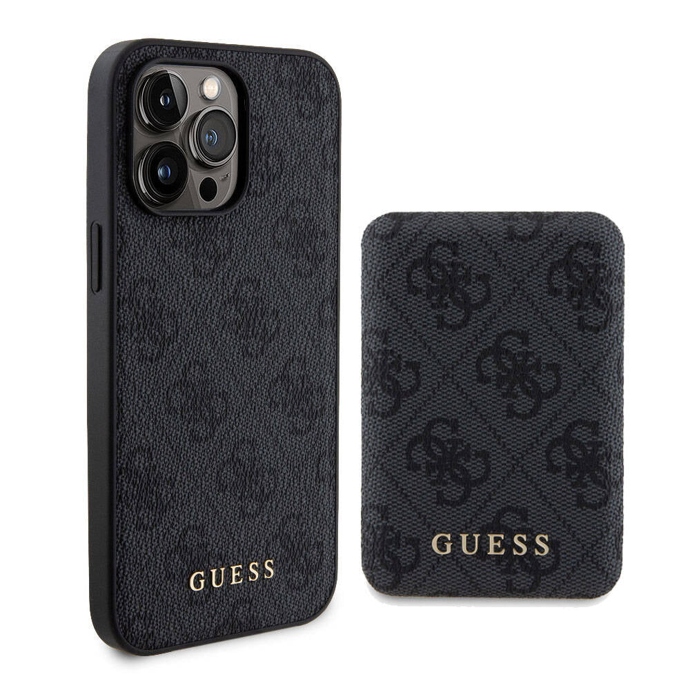 Apple iPhone 15 Pro Kılıf Guess Orjinal Lisanslı M-safe Şarj Özellikli Yazı Logolu 4G Desenli Kapak + Powerbank 5000mAh 2in1 Set