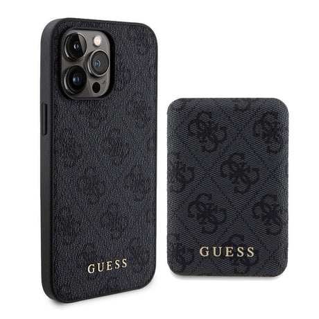 Apple iPhone 15 Pro Kılıf Guess Orjinal Lisanslı M-safe Şarj Özellikli Yazı Logolu 4G Desenli Kapak + Powerbank 5000mAh 2in1 Set