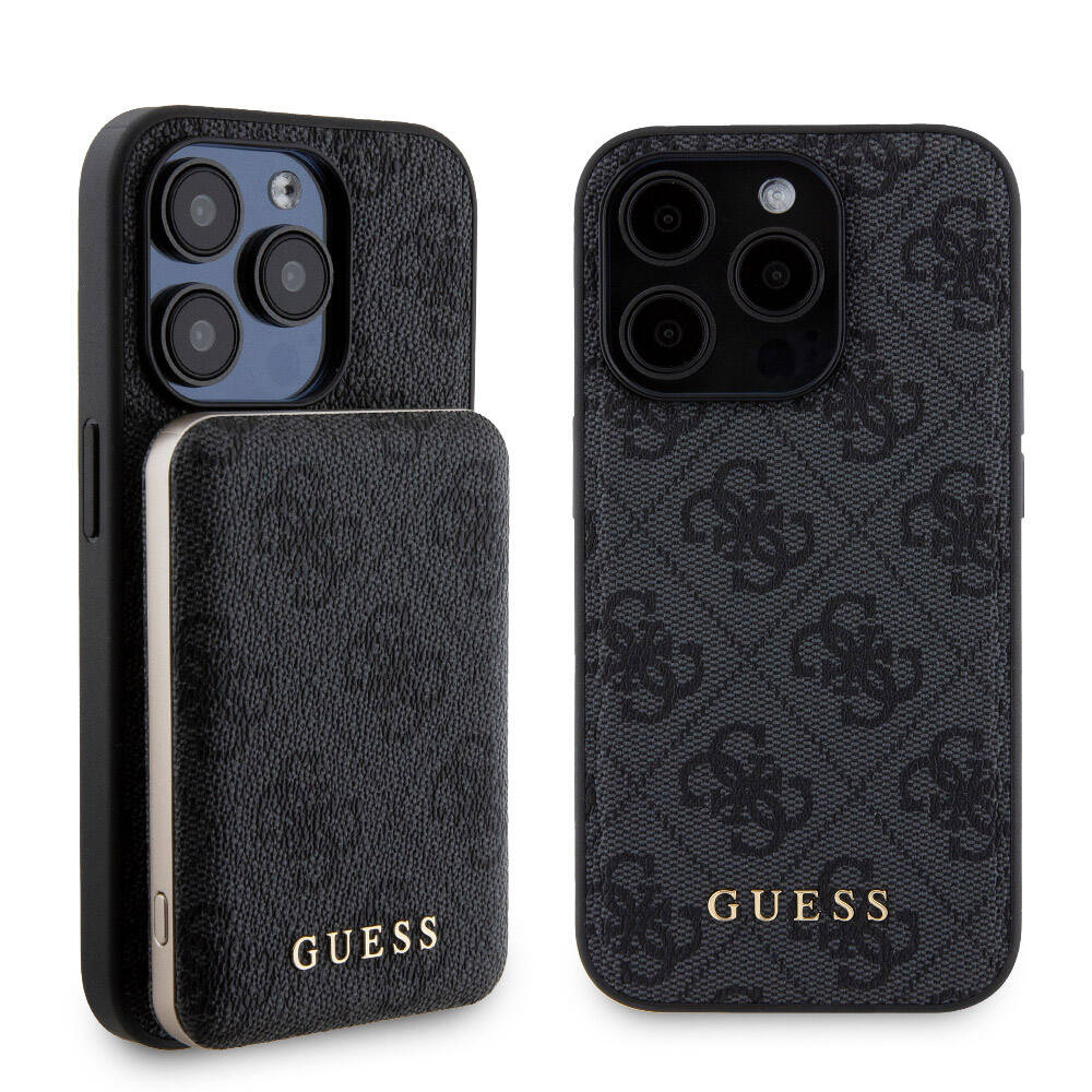 Apple iPhone 15 Pro Kılıf Guess Orjinal Lisanslı M-safe Şarj Özellikli Yazı Logolu 4G Desenli Kapak + Powerbank 5000mAh 2in1 Set