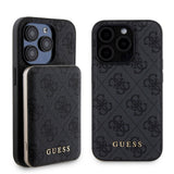 Apple iPhone 15 Pro Kılıf Guess Orjinal Lisanslı M-safe Şarj Özellikli Yazı Logolu 4G Desenli Kapak + Powerbank 5000mAh 2in1 Set