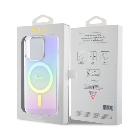 Apple iPhone 15 Pro Kılıf Guess Orjinal Lisanslı M-safe Şarj Özellikli Yazı Logolu Iridescent Kapak