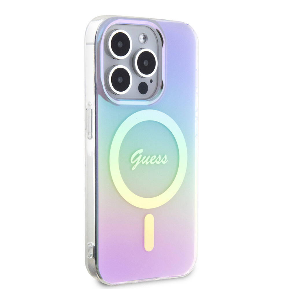 Apple iPhone 15 Pro Kılıf Guess Orjinal Lisanslı M-safe Şarj Özellikli Yazı Logolu Iridescent Kapak