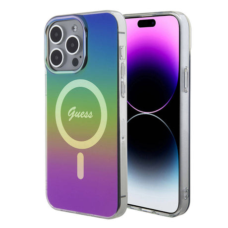Apple iPhone 15 Pro Kılıf Guess Orjinal Lisanslı M-safe Şarj Özellikli Yazı Logolu Iridescent Kapak