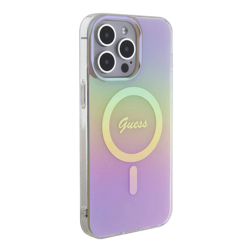 Apple iPhone 15 Pro Kılıf Guess Orjinal Lisanslı M-safe Şarj Özellikli Yazı Logolu Iridescent Kapak