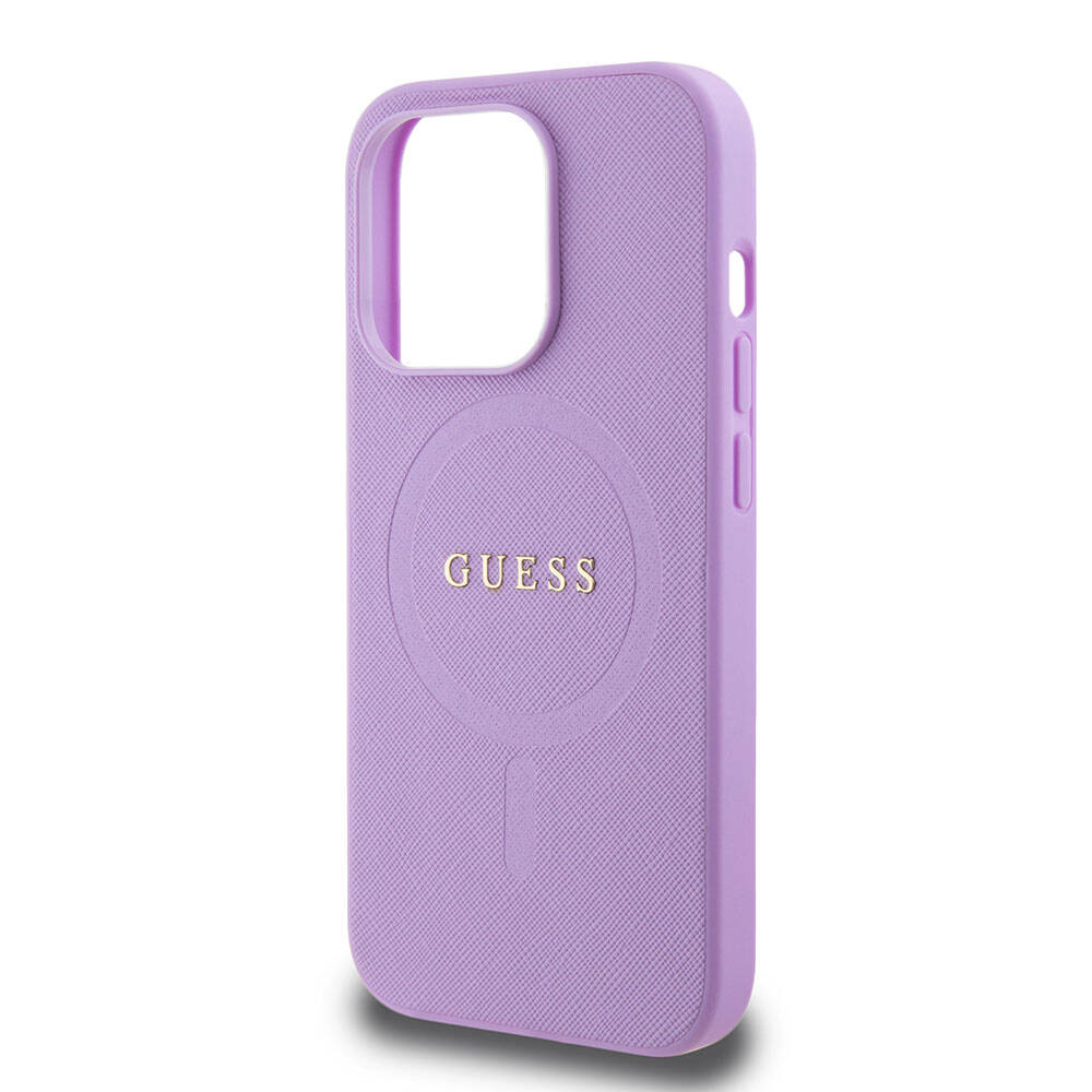 Apple iPhone 15 Pro Kılıf Guess Orjinal Lisanslı M-safe Şarj Özellikli Yazı Logolu Saffiano Kapak
