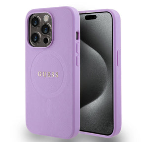 Apple iPhone 15 Pro Kılıf Guess Orjinal Lisanslı M-safe Şarj Özellikli Yazı Logolu Saffiano Kapak