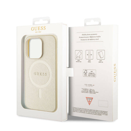 Apple iPhone 15 Pro Kılıf Guess Orjinal Lisanslı M-safe Şarj Özellikli Yazı Logolu Saffiano Kapak