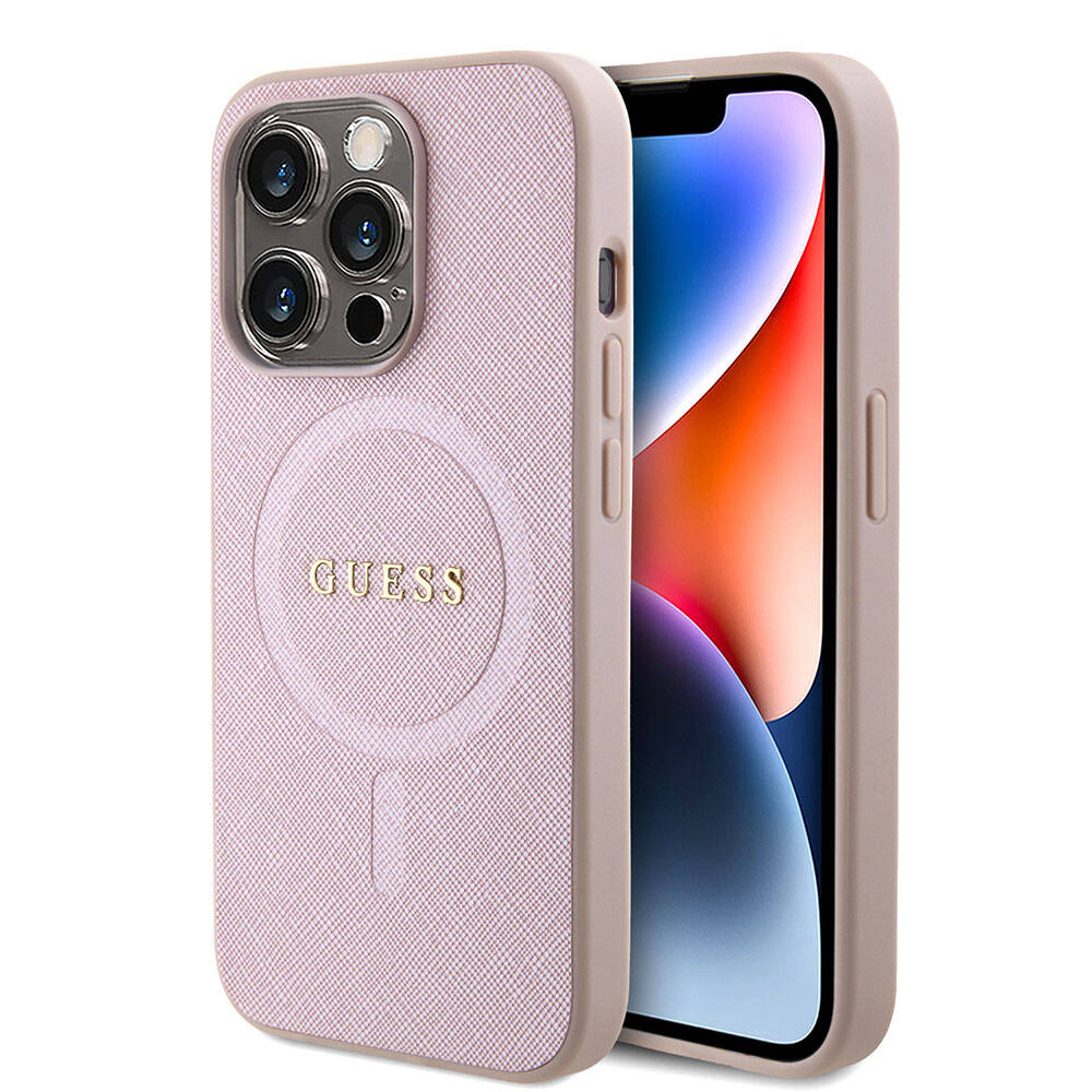 Apple iPhone 15 Pro Kılıf Guess Orjinal Lisanslı M-safe Şarj Özellikli Yazı Logolu Saffiano Kapak