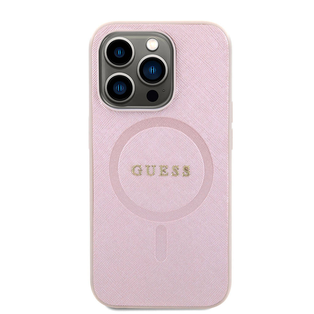 Apple iPhone 15 Pro Kılıf Guess Orjinal Lisanslı M-safe Şarj Özellikli Yazı Logolu Saffiano Kapak
