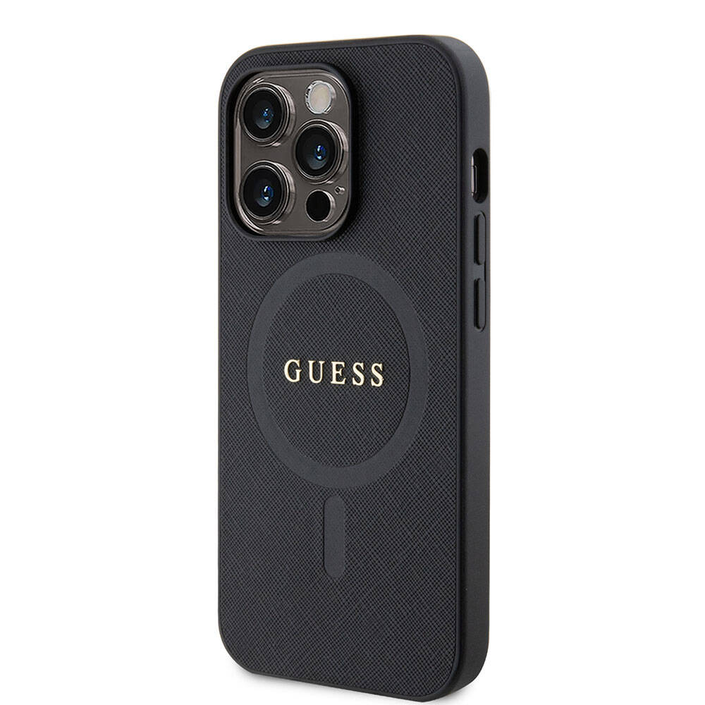 Apple iPhone 15 Pro Kılıf Guess Orjinal Lisanslı M-safe Şarj Özellikli Yazı Logolu Saffiano Kapak