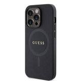 Apple iPhone 15 Pro Kılıf Guess Orjinal Lisanslı M-safe Şarj Özellikli Yazı Logolu Saffiano Kapak
