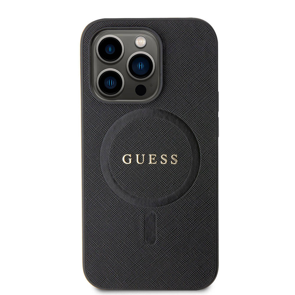 Apple iPhone 15 Pro Kılıf Guess Orjinal Lisanslı M-safe Şarj Özellikli Yazı Logolu Saffiano Kapak