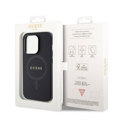 Apple iPhone 15 Pro Kılıf Guess Orjinal Lisanslı M-safe Şarj Özellikli Yazı Logolu Saffiano Kapak