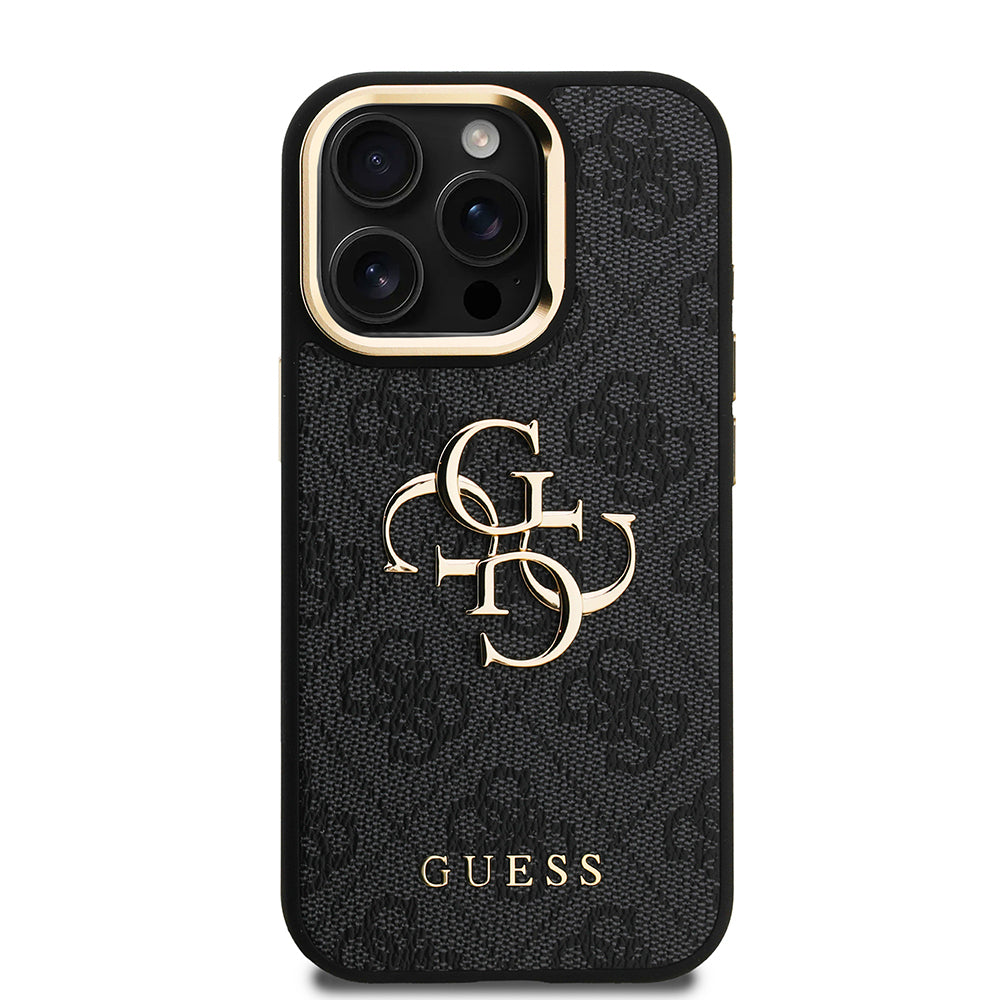 Apple iPhone 15 Pro Kılıf Guess Orjinal Lisanslı PU Deri 4G Desenli Metal Büyük 4G ve Yazı Logolu Kamera Standlı Kapak