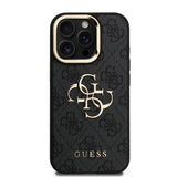 Apple iPhone 15 Pro Kılıf Guess Orjinal Lisanslı PU Deri 4G Desenli Metal Büyük 4G ve Yazı Logolu Kamera Standlı Kapak