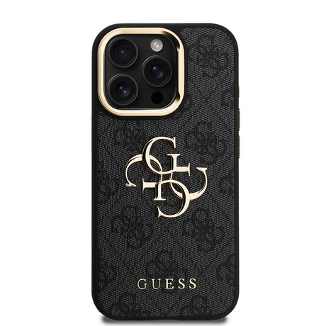 Apple iPhone 15 Pro Kılıf Guess Orjinal Lisanslı PU Deri 4G Desenli Metal Büyük 4G ve Yazı Logolu Kamera Standlı Kapak