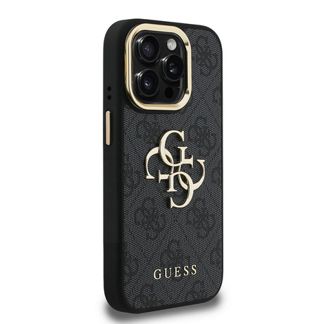 Apple iPhone 15 Pro Kılıf Guess Orjinal Lisanslı PU Deri 4G Desenli Metal Büyük 4G ve Yazı Logolu Kamera Standlı Kapak