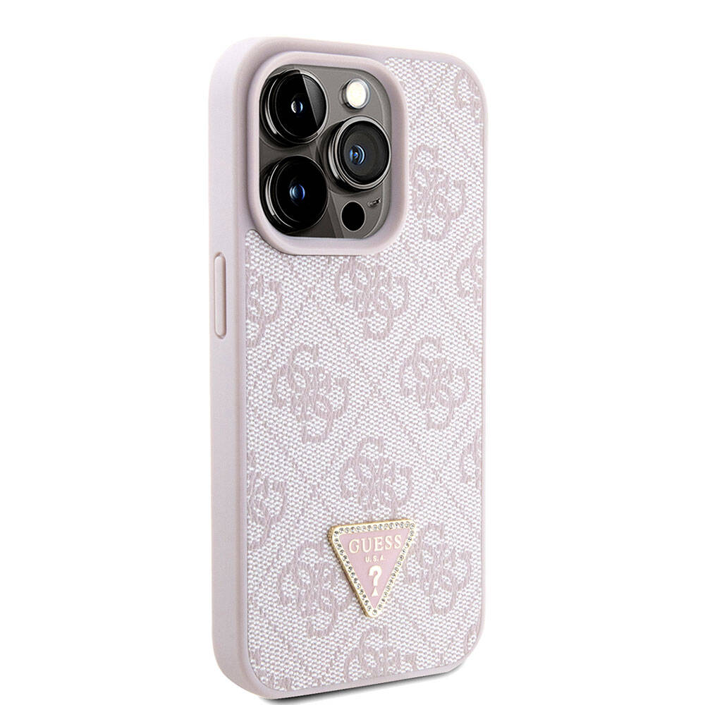 Apple iPhone 15 Pro Kılıf Guess Orjinal Lisanslı PU Deri Askılı Taşlı Üçgen Logo 4G Desenli Strass Crossbody Kapak