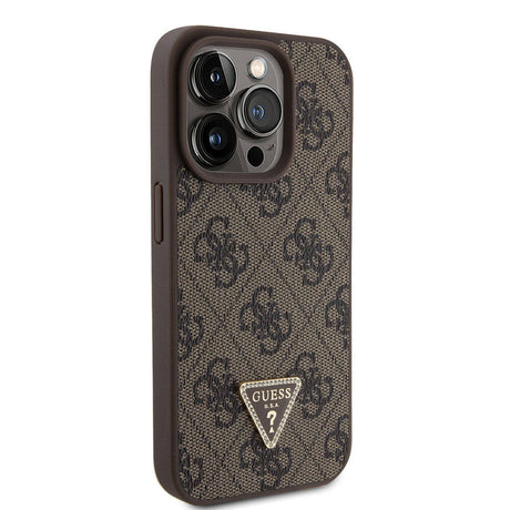 Apple iPhone 15 Pro Kılıf Guess Orjinal Lisanslı PU Deri Askılı Taşlı Üçgen Logo 4G Desenli Strass Crossbody Kapak