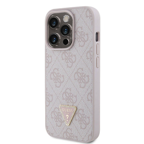 Apple iPhone 15 Pro Kılıf Guess Orjinal Lisanslı PU Deri Taşlı Üçgen Logo 4G Desenli Strass Kapak