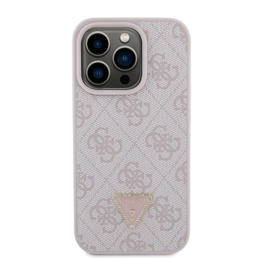 Apple iPhone 15 Pro Kılıf Guess Orjinal Lisanslı PU Deri Taşlı Üçgen Logo 4G Desenli Strass Kapak