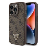 Apple iPhone 15 Pro Kılıf Guess Orjinal Lisanslı PU Deri Taşlı Üçgen Logo 4G Desenli Strass Kapak