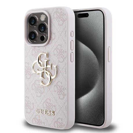 Apple iPhone 15 Pro Kılıf Guess Orjinal Lisanslı PU Deri Yazı ve 4G Metal Logolu Desenli Kapak