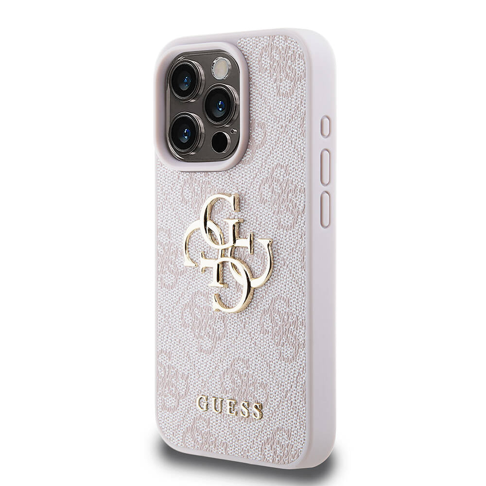 Apple iPhone 15 Pro Kılıf Guess Orjinal Lisanslı PU Deri Yazı ve 4G Metal Logolu Desenli Kapak