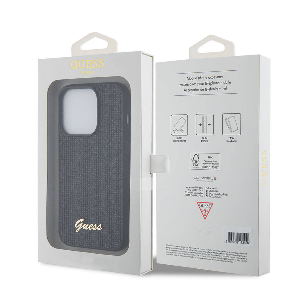 Apple iPhone 15 Pro Kılıf Guess Orjinal Lisanslı Pullu Arka Yüzey Metal Yazı Logolu Sequin Script Kapak