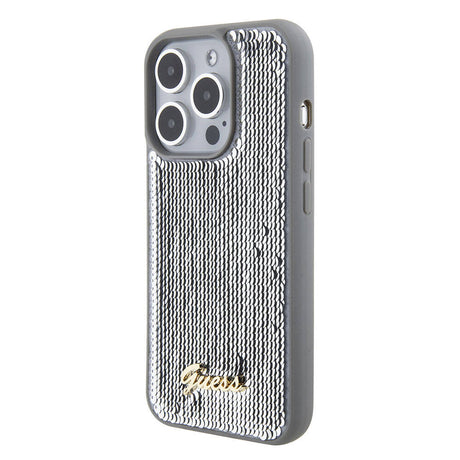 Apple iPhone 15 Pro Kılıf Guess Orjinal Lisanslı Pullu Arka Yüzey Metal Yazı Logolu Sequin Script Kapak