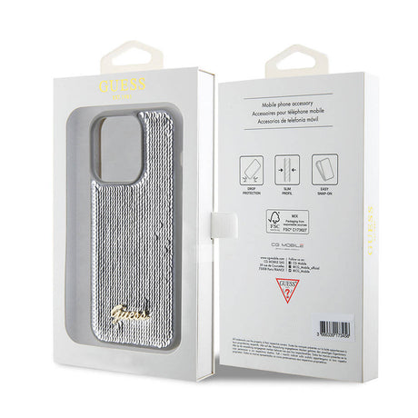 Apple iPhone 15 Pro Kılıf Guess Orjinal Lisanslı Pullu Arka Yüzey Metal Yazı Logolu Sequin Script Kapak