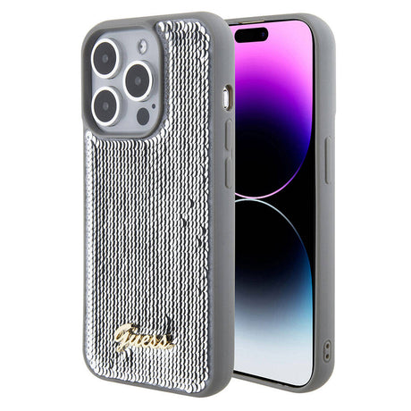 Apple iPhone 15 Pro Kılıf Guess Orjinal Lisanslı Pullu Arka Yüzey Metal Yazı Logolu Sequin Script Kapak